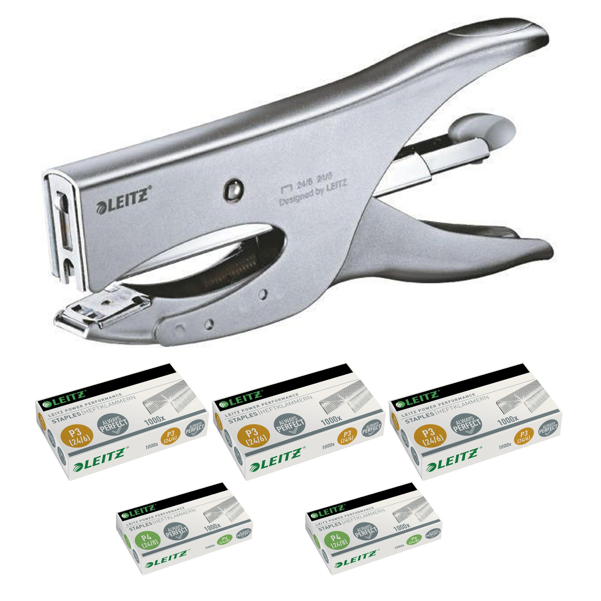 Leitz 55490081 Stapler, Backloader Mechanism, Stapling Capacity 40 Sheets, Matte Silver with 5,000 Staples Starter Equipment (3x 1,000 24/6 and 2x 1,000 24/8) (Stapler 55490081, MK)