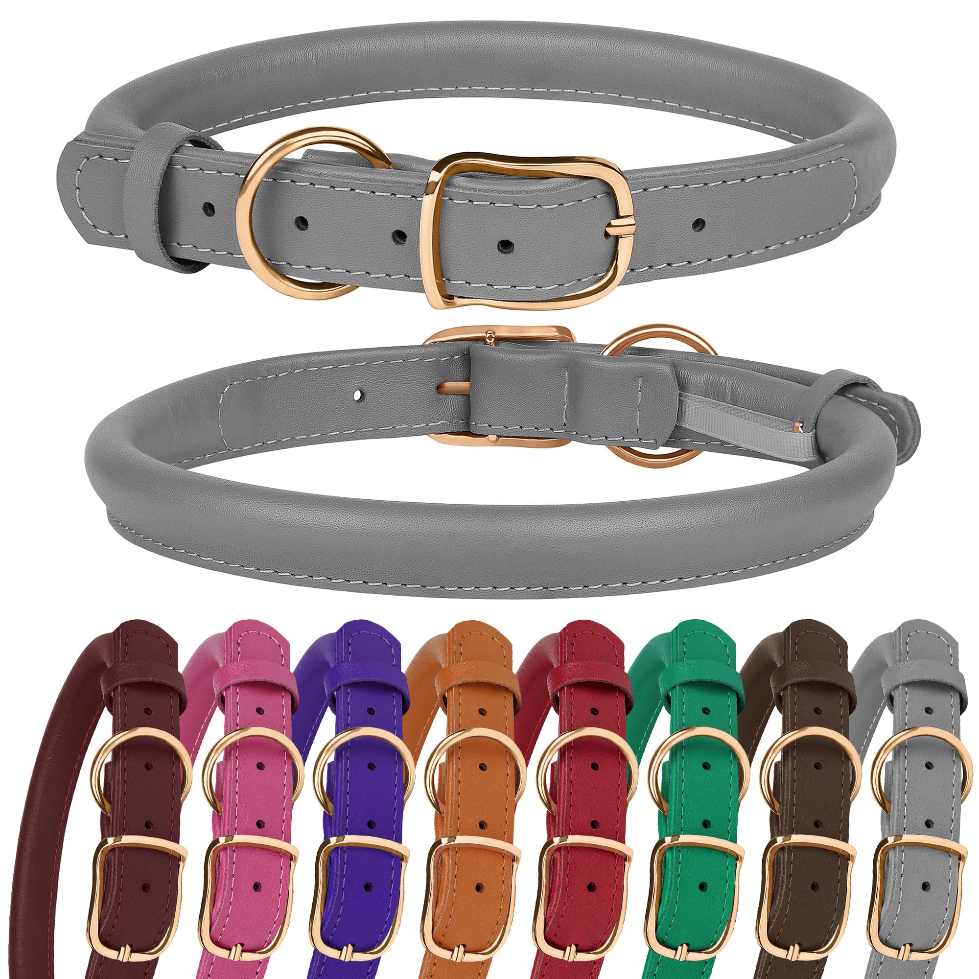 MUROM Rolled Leather Dog Collar Durable Round Rope Pet Collars for Small Medium Large Dogs Puppy Pink Purple Green Red Brown Gray (8"-12" Neck Fit, Gray)