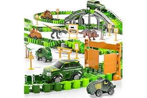 MSKOLER 144 Pieces Dinosaur Toys Car Race Tracks Sets for Kids 3 4 5 6 7 8 Years Old - Flexible Tracks Playset with Kids Dinosaur, Electronic Toy Cars for Boys, Birthday Gifts for Toys Toddlers 3-5