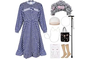 Croknit 9 Pcs Old Lady Costume for Kids 100th Day of School Grandma Dress up Nightgown Wig Halloween Cosplay Accessories