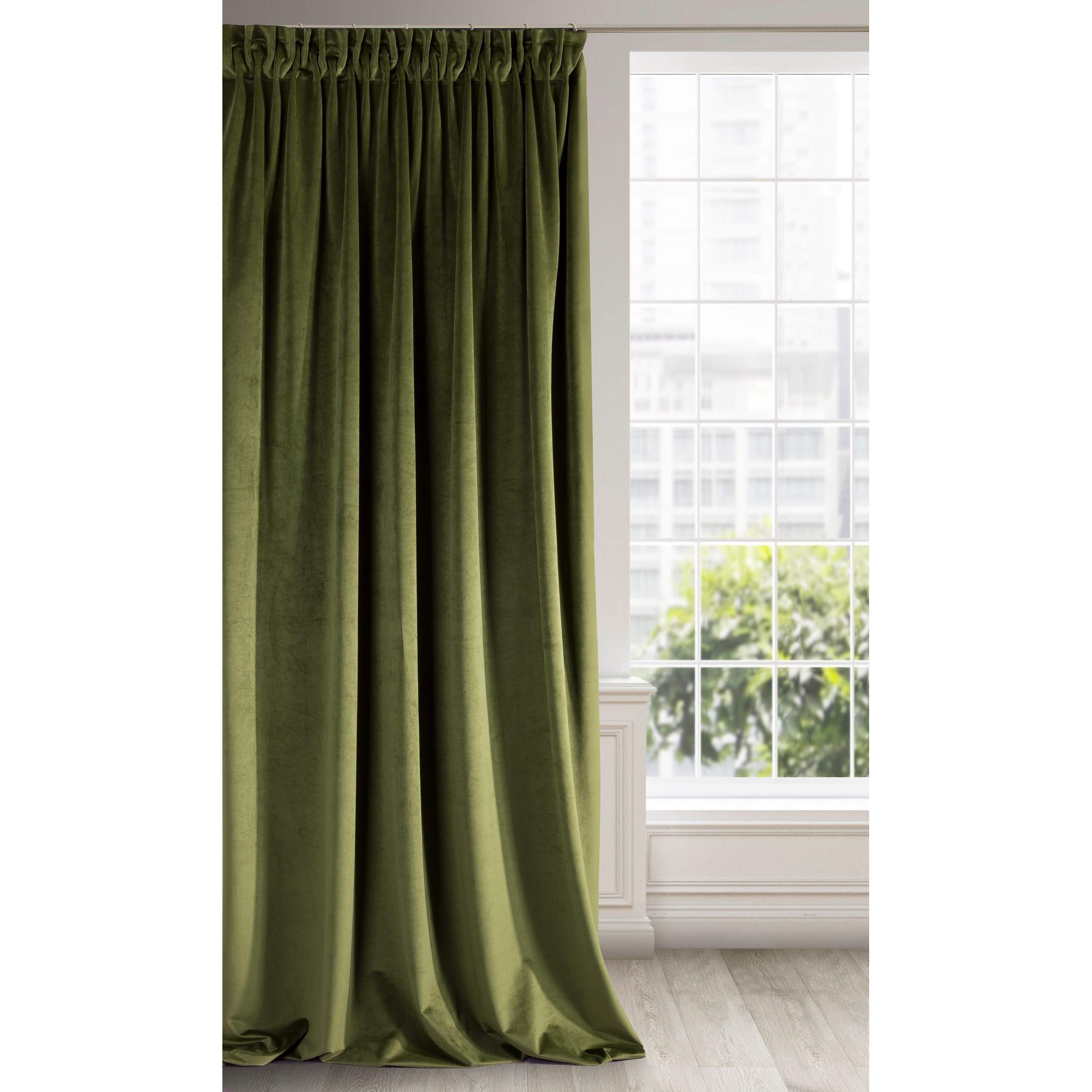 Eurofirany Soft Plain Opaque Velvet Curtain with Tape For Rail - 1 Unit, Thick Fluffy Panel Drape Classic Glamour Elegant Living Room Bedroom, W55'' x L106'', 140x270 cm, Olive Green