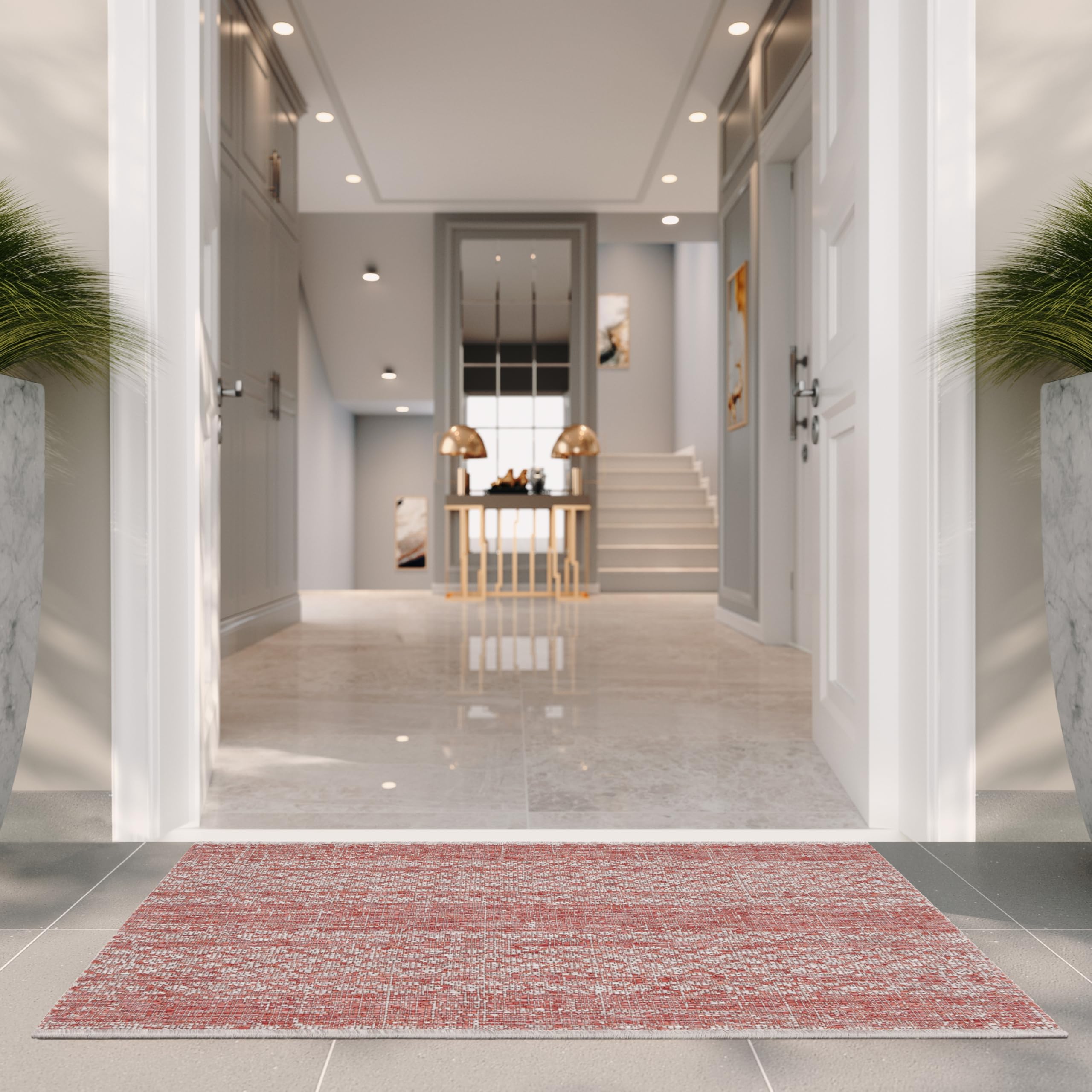 Safavieh Contemporary Indoor/Outdoor Woven Accent Area Rug, Courtyard Collection, CY8736, in Light Beige / Terracotta, 61 X 109 cm for Garden, Patio or Any Outdoor Space