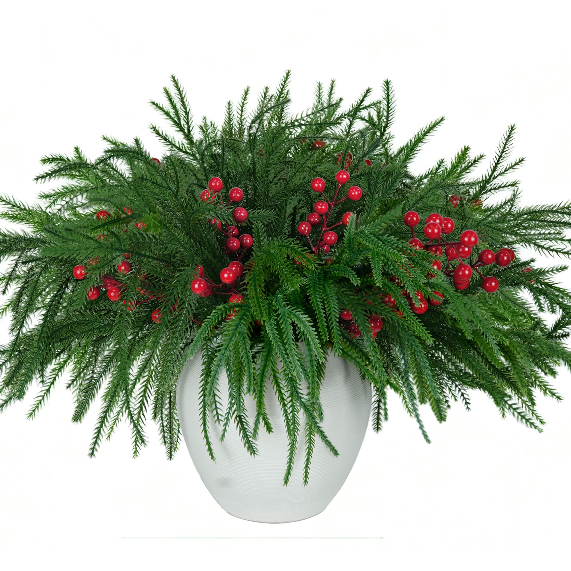 Photo 1 of 10 Pcs Christmas Norfolk Pine Stems with Red Berries,Real Touch Faux Cedar Norfolk Pine Branches,Fake Greenery Plants for Vase Table Centerpieces,DIY Crafts Picks Garland Wreath Home Christmas Decor