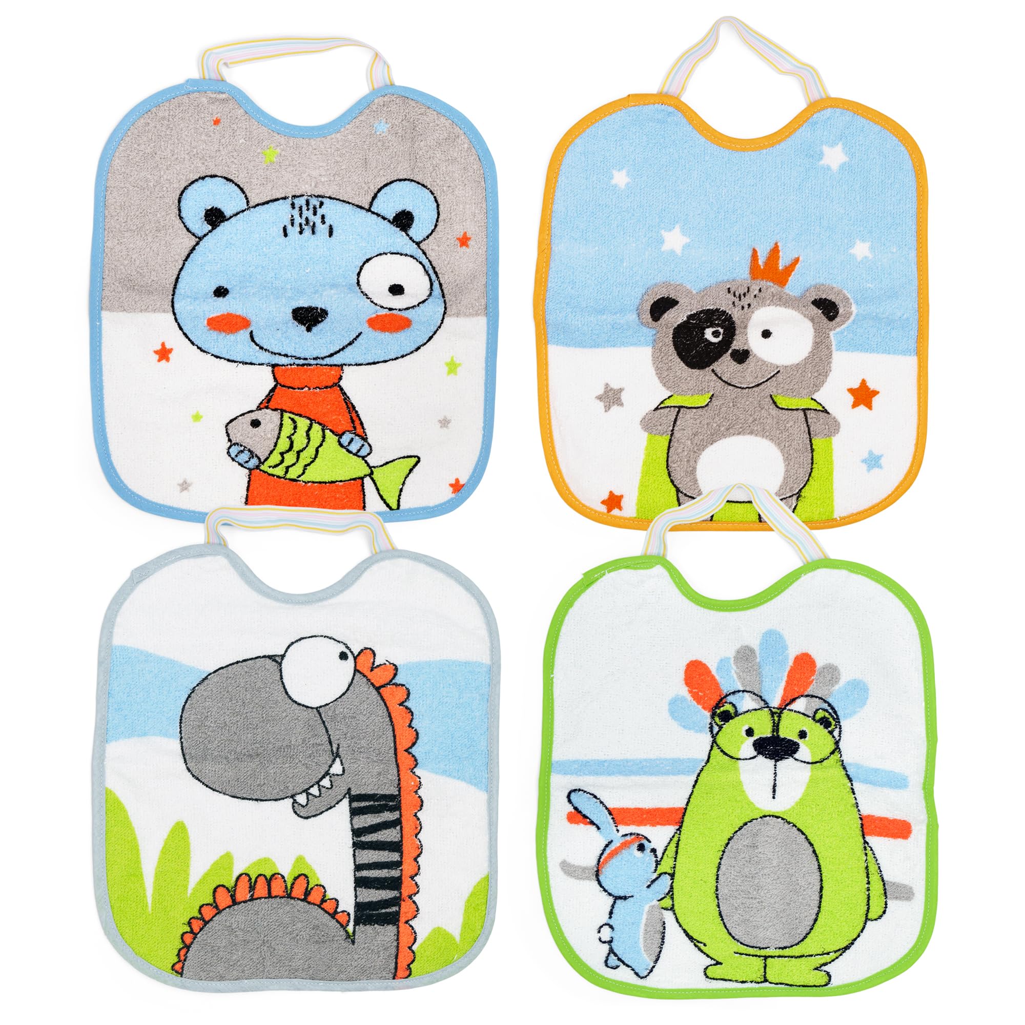 Ti TIN Pack of 4 Waterproof Baby Bibs with Rubber Closure, 90% Cotton, 10% Polyester with Vinyl Lining, Pack of 4 Bibs for Babies from 1 Year, 4 Printed, 6-18 Months