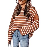 Mazulun Color Block Striped Sweaters for Women Boat Neck Drop Shoulder Fall Sweater Casual Knit Pullover Tops