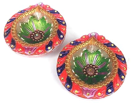 Handmade Earthen Decorative Clay Diya/Deepam/Kundhulu/Mitti Diya for Navaratri/Dussera,Diwali Celebration and for All Celebration Purpose(Set of 2,4 and 6) (2, Decorated Diya)