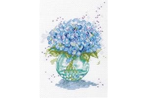 DIMENSIONS Blue Hydrangeas Counted Cross Stitch Kit, 14 Ct. White Aida Cloth, Finished Project 5" x 7", Multicolor 4 Piece
