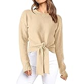 Okiwam Women's Long Sleeve Cropped Sweaters Casual Knit Pullover Tie Front Crew Neck Fall Outfits Spring Fashion Clothes 2026