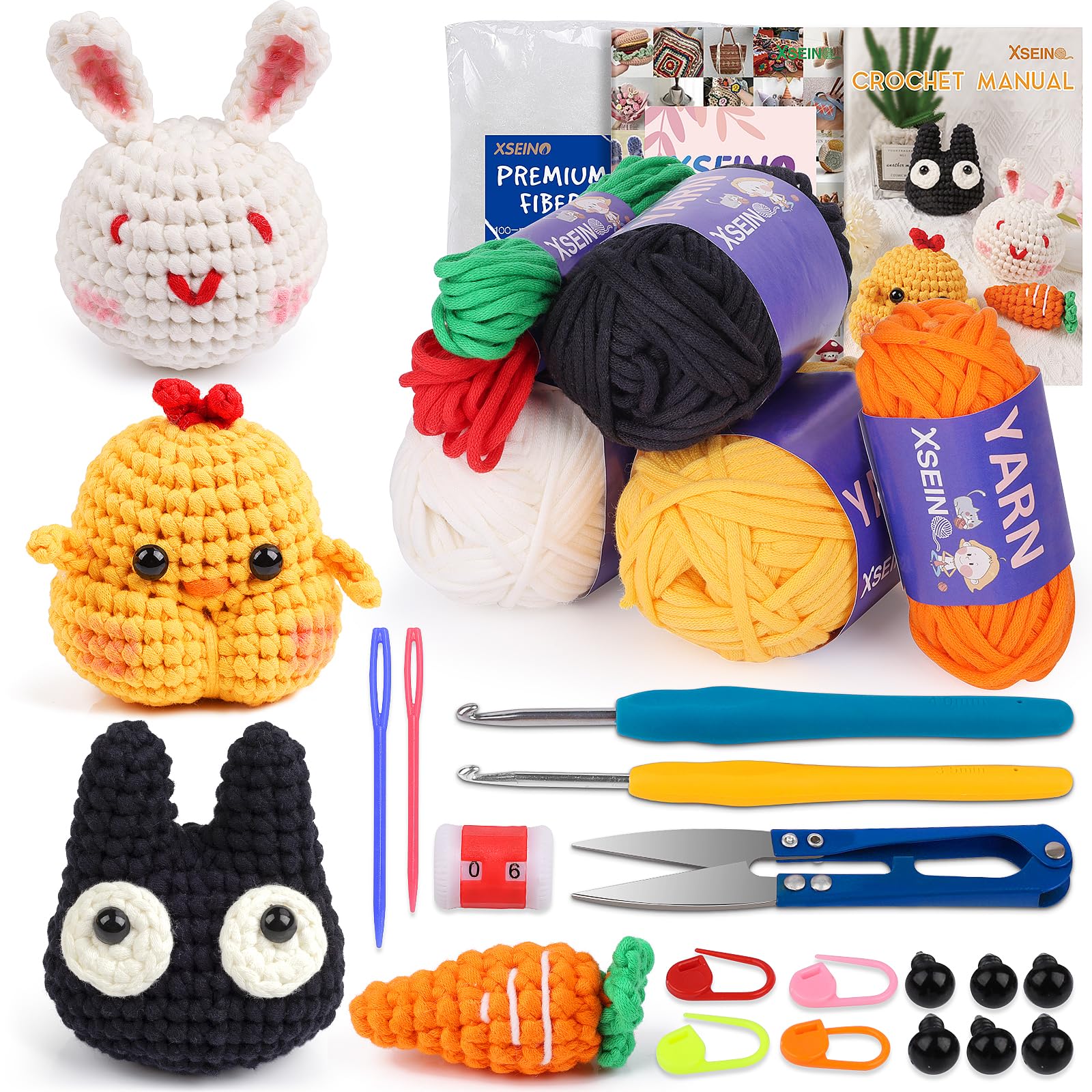 Photo 1 of XSEINO Crochet Kit for Beginners,Crochet Start Kit with Step-by-Step Video Tutorials,Learn to Crochet Kit for Adults and Kids - Cat,Chick,Rabbit,Carrot