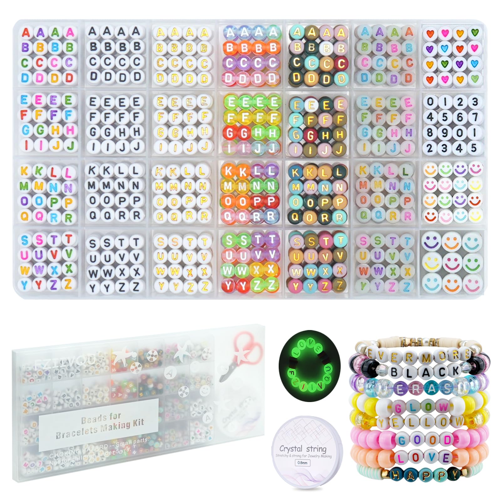 FZIIVQU Letter Beads for Bracelets Making Kit 1400pcs Alphabet Bead for Jewelry Making Set 6 Colors 4x7mm Acrylic Round Number Heart Smile Face Beads etc