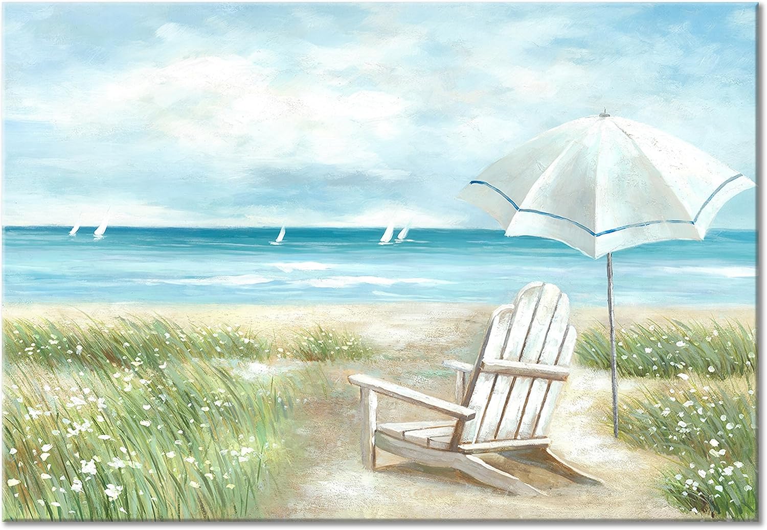 Paintings - UTOP-art Beach Chairs Canvas Wall Art: Wildflower and Chair Painting Sea Weed Artwork Greenery Grass Picture for Bathroom Decor
