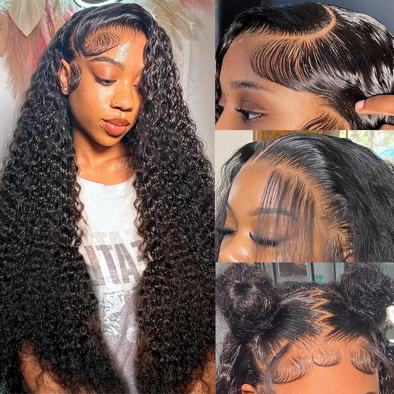 Photo 1 of Amzluck 34 Inch Deep Wave Lace Front Wigs Human Hair, 13x6 HD Transparent Lace Frontal Curly Human Hair Wig, 200 Density, Pre-Plucked & Glueless, Natural Color