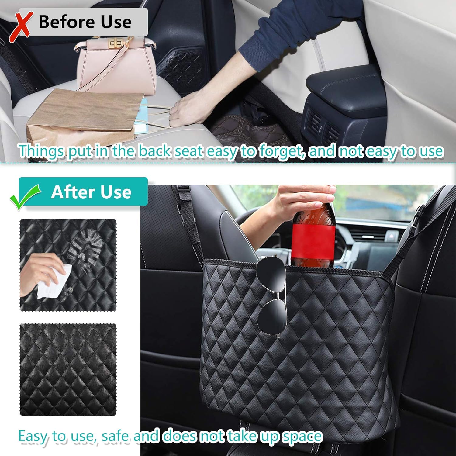 Car Handbag Holder, CAMTOA Leather Car Seat Back Organizer & Storage Pocket Net Bag, Hanging Storage Bag Between Car Seats, Barrier of Backseat Pet: Home & Kitchen