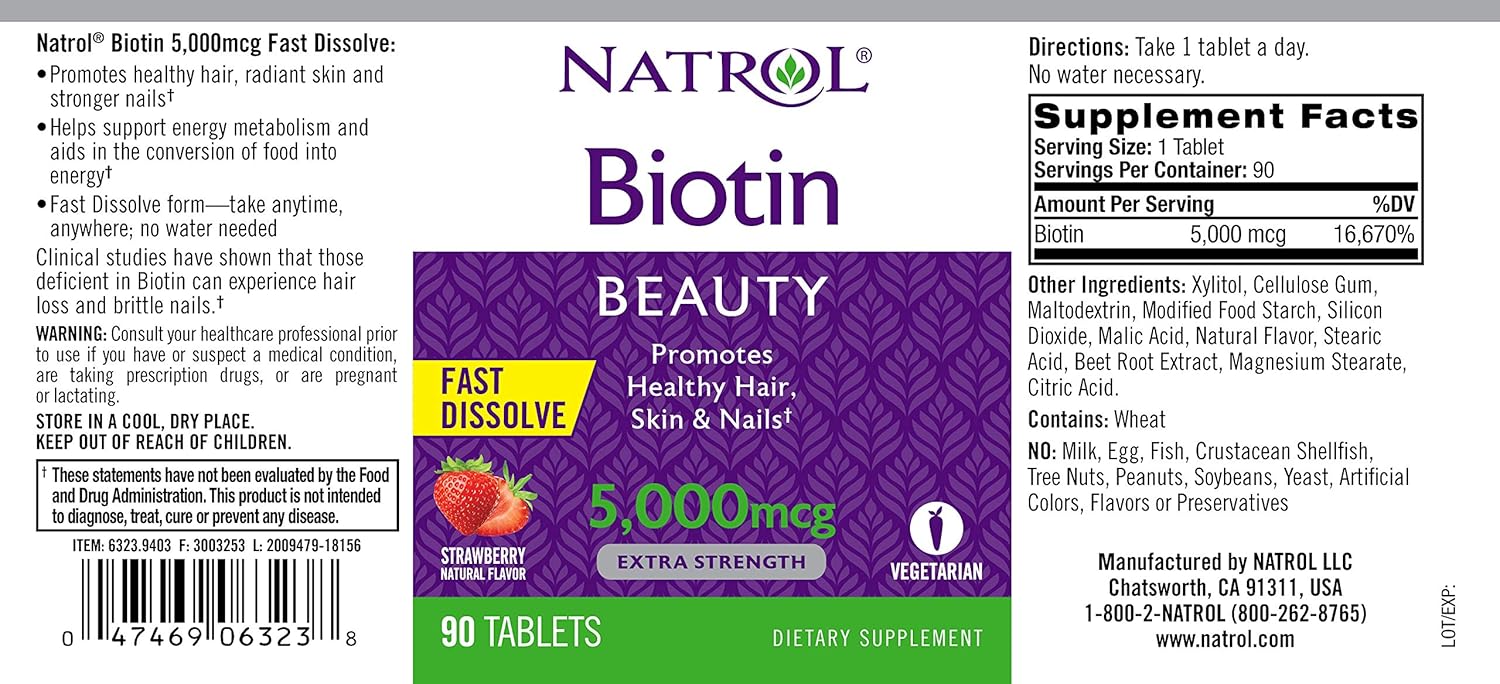 Natrol Biotin Beauty Tablets, Promotes Healthy Hair, Skin & Nails, Helps Support Energy Metabolism, Helps Convert Food Into Energy, 5,000mcg, 90Count: Health & Personal Care