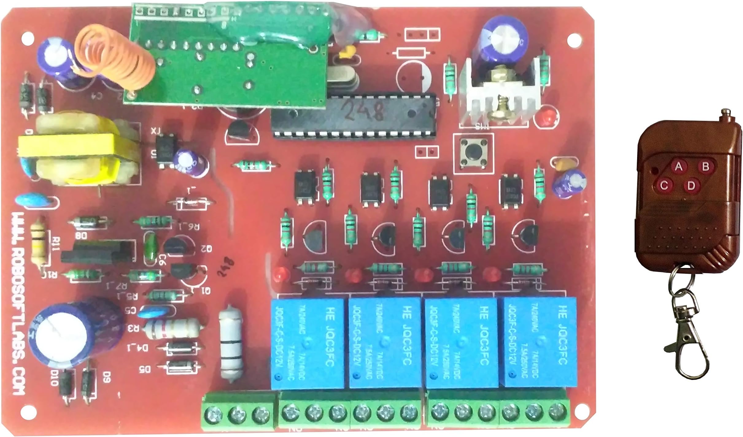 Robosoft Labs RF 4 CH Remote Control Based Wireless Home Automation, Lights/Fans On/Off Module (Red)