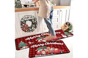 KUKLI KITCHEN Buffalo Plaid Red Truck Christmas Kitchen Rugs 2 PCS, Merry Christmas Kitchen Rug, Non Skid Washable Soft Comfort Kitchen Rugs Set (17"x47"+17"x30",Merry Christmas)