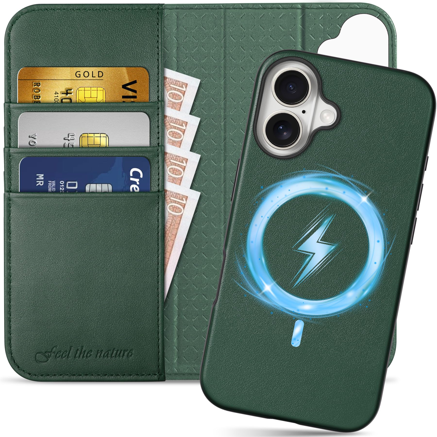 SHIELDON Case for iPhone 16 Plus 6.7", Genuine Leather Detachable 2 in 1 Wallet [RFID Blocking][3 Card Slots] Magnetic Shock-Absorbent Wireless Charging Folio Compatible with iPhone 16 Plus -Evergreen — image 1