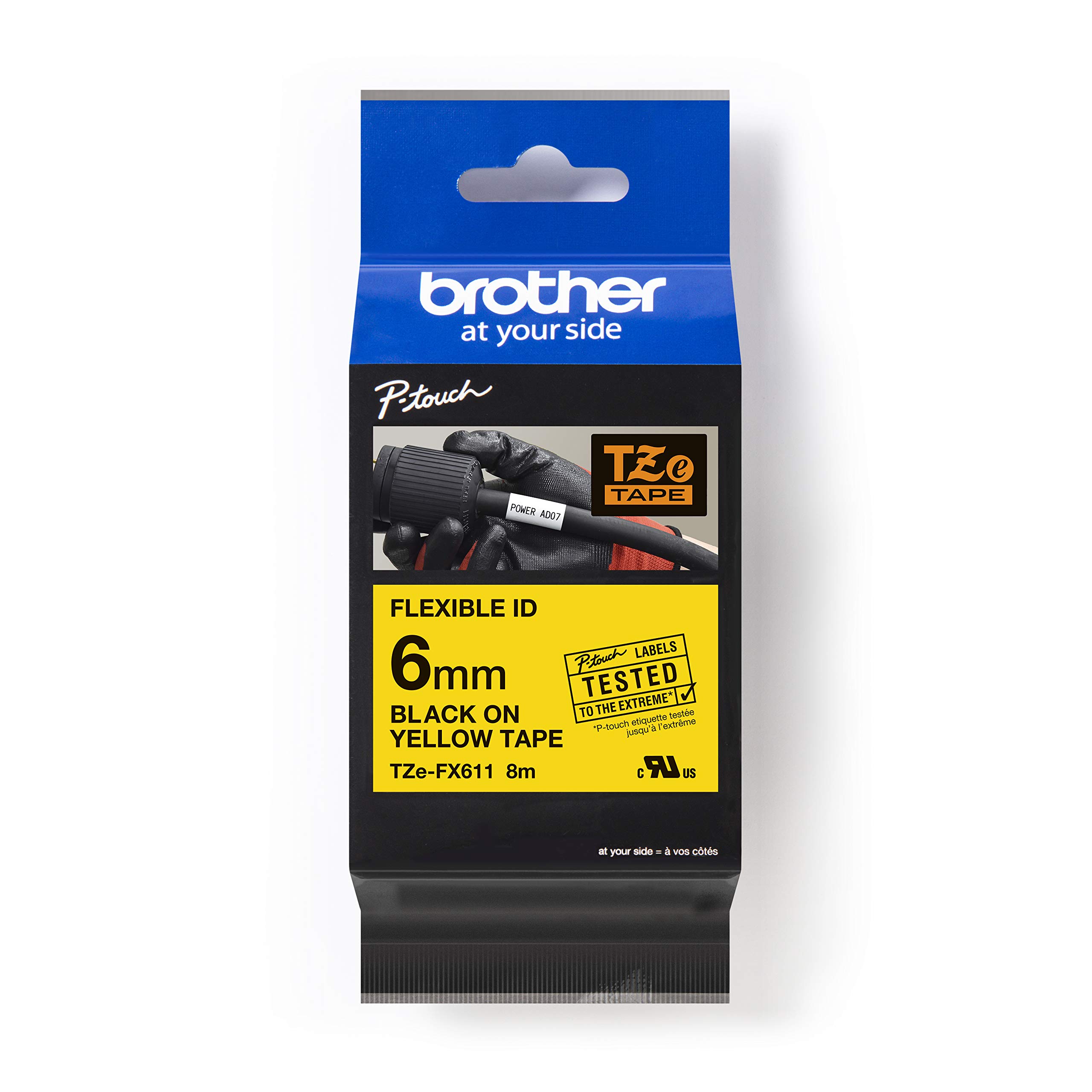 Brother TZe-FX611 Labelling Tape Cassette, Black on Yellow, 6mm (W) x 8M (L), Flexible ID, Brother Genuine Supplies