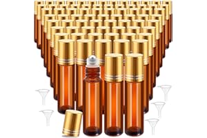 50 Pack Essential Oil Roller Bottles,10ml Glass Roll on Bottles with Funnels, Stainless Steel Roller Balls Bottle Refillable 