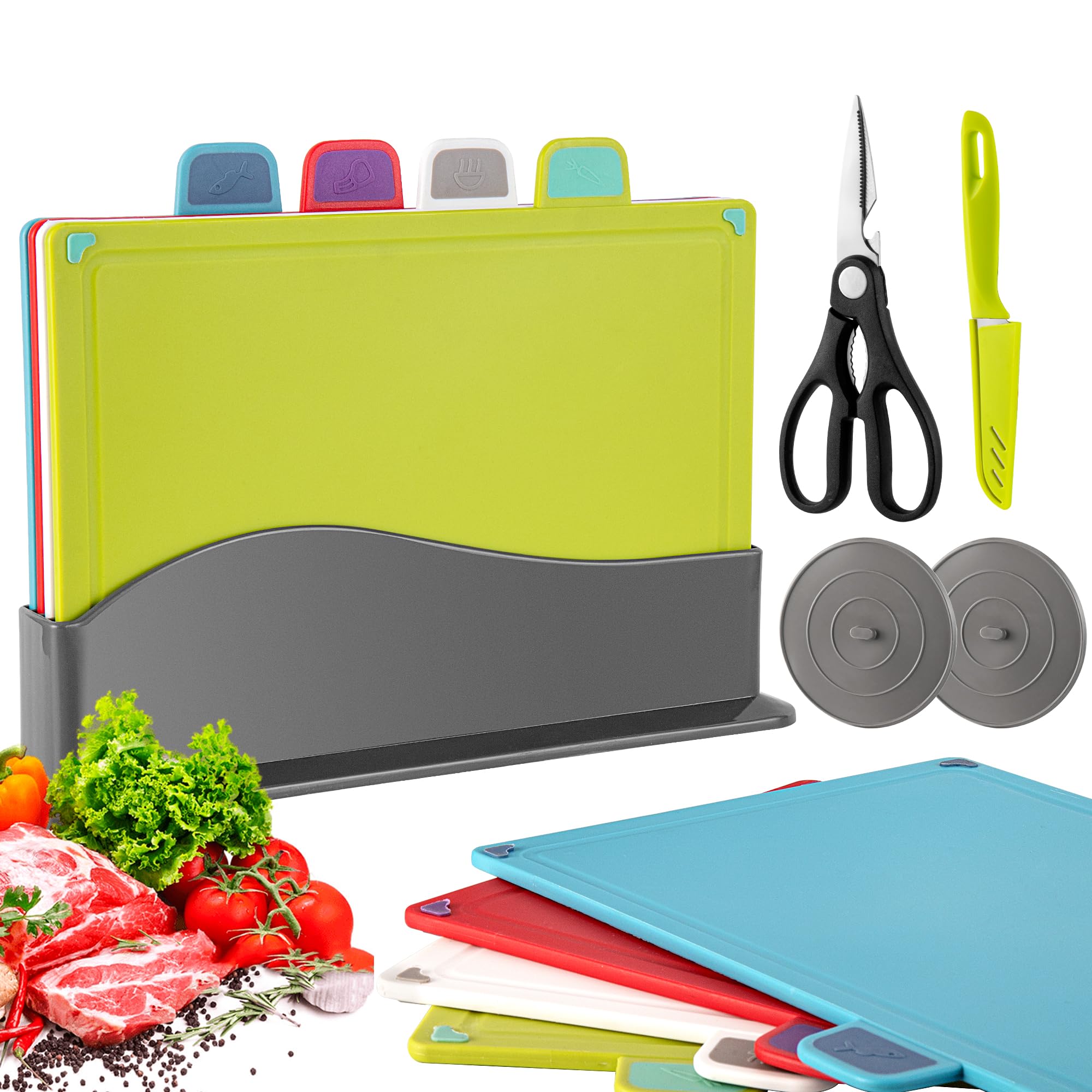 Index Chopping Board Set of 4, Plastic Cutting Boards with Stand, Non Slip Color Coded Chopping Boards for Kitchen, Dishwasher Safe