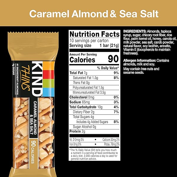 KIND THINS SNACK BARS, CARAMEL ALMOND & SEA SALT, GLUTEN FREE, LOW CALORIE, HEALTHY SNACKS, 4G SUGAR, 10 COUNT