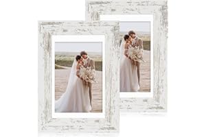 Hongkee 4x6 Picture Frame Set of 2, Made of Real Glass and Distressed White Wooden Frame - Display Pictures 3.5x5 with Mat or 4x6 Without Mat, 4 by 6 Photo Frame for Wall or Tabletop Display