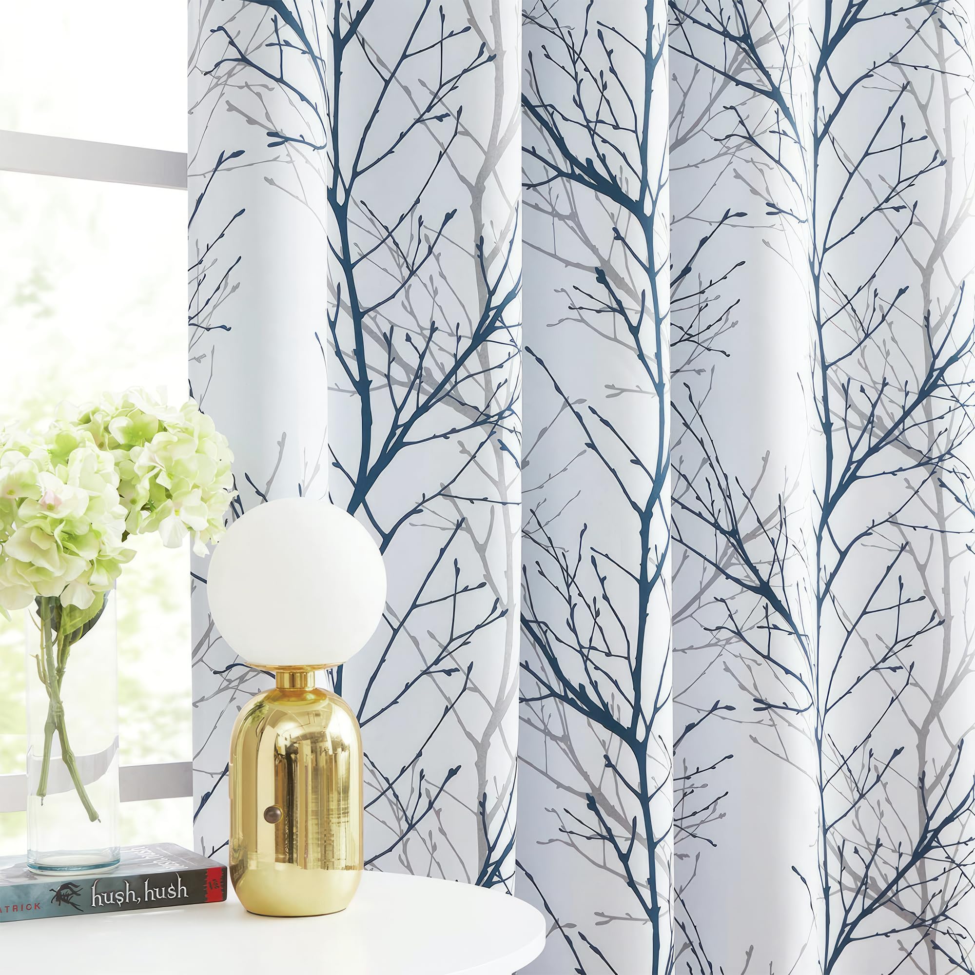 Fmfunctex Blackout Thermal Curtains for Bedroom 72 Inch Drop Blue White Eyelet Curtains for Living Room Branch Print Room Darkening Energy Saving Window Curtain Drapes 2 Panels