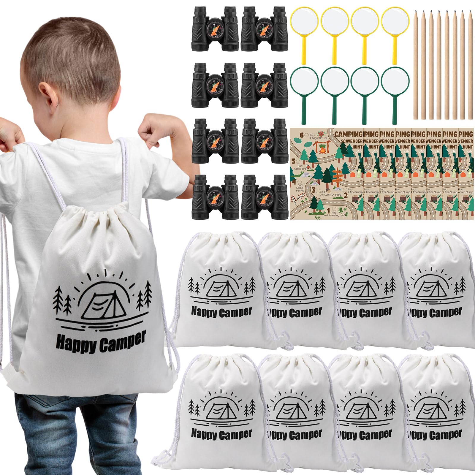 Photo 1 of HyDren 8 Sets Camping Party Favors for Kids Safari Party Favors with 8 Camping Scavenger Hunt Cards 8 Canvas Gift Bags 8 Binocular Toys 8 Magnifying Glass 9 Pencils Outdoor Exploration Kit