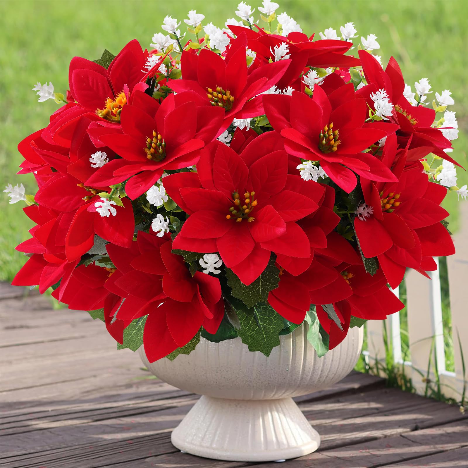 Photo 1 of ***VASE NOT INCLUDED***MELAJIA Artificial Flowers for Outdoors Red Christmas Poinsettia Flowers 12 Bundles Mixed Fake Plants UV Resistant Faux Flowers for Outdoor Planters Garden Porch Patio Home Winter Decor***VASE NOT INCLUDED***