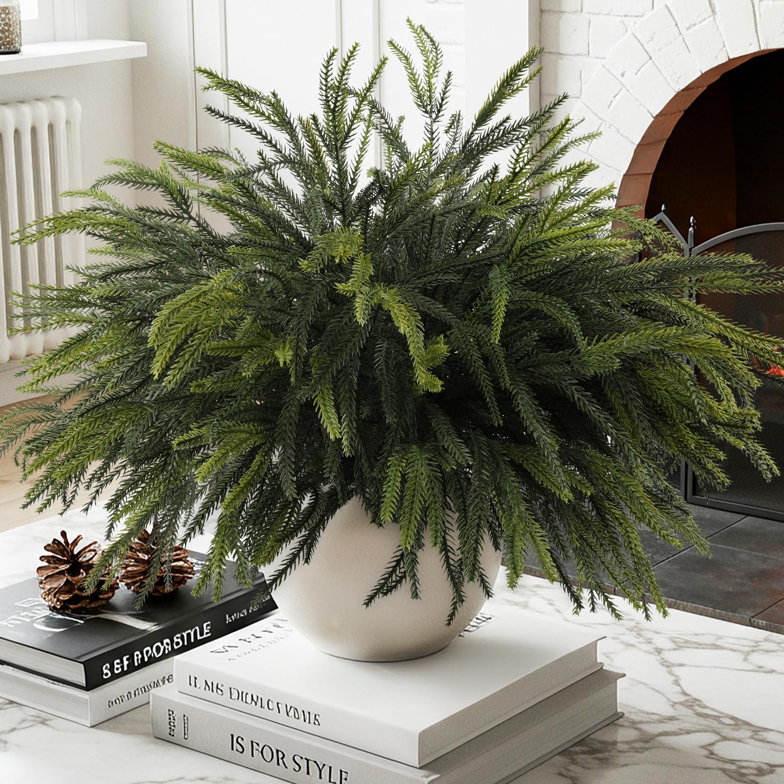 Photo 1 of 12Pcs Christmas Norfolk Pine Stems, 24'' Long Artificial Evergreen Norfolk Pine Branches, Real Touch Greenery Picks, Faux Floral Branch for Mantel DIY Xmas Home Decoration Indoor Christmas Decor