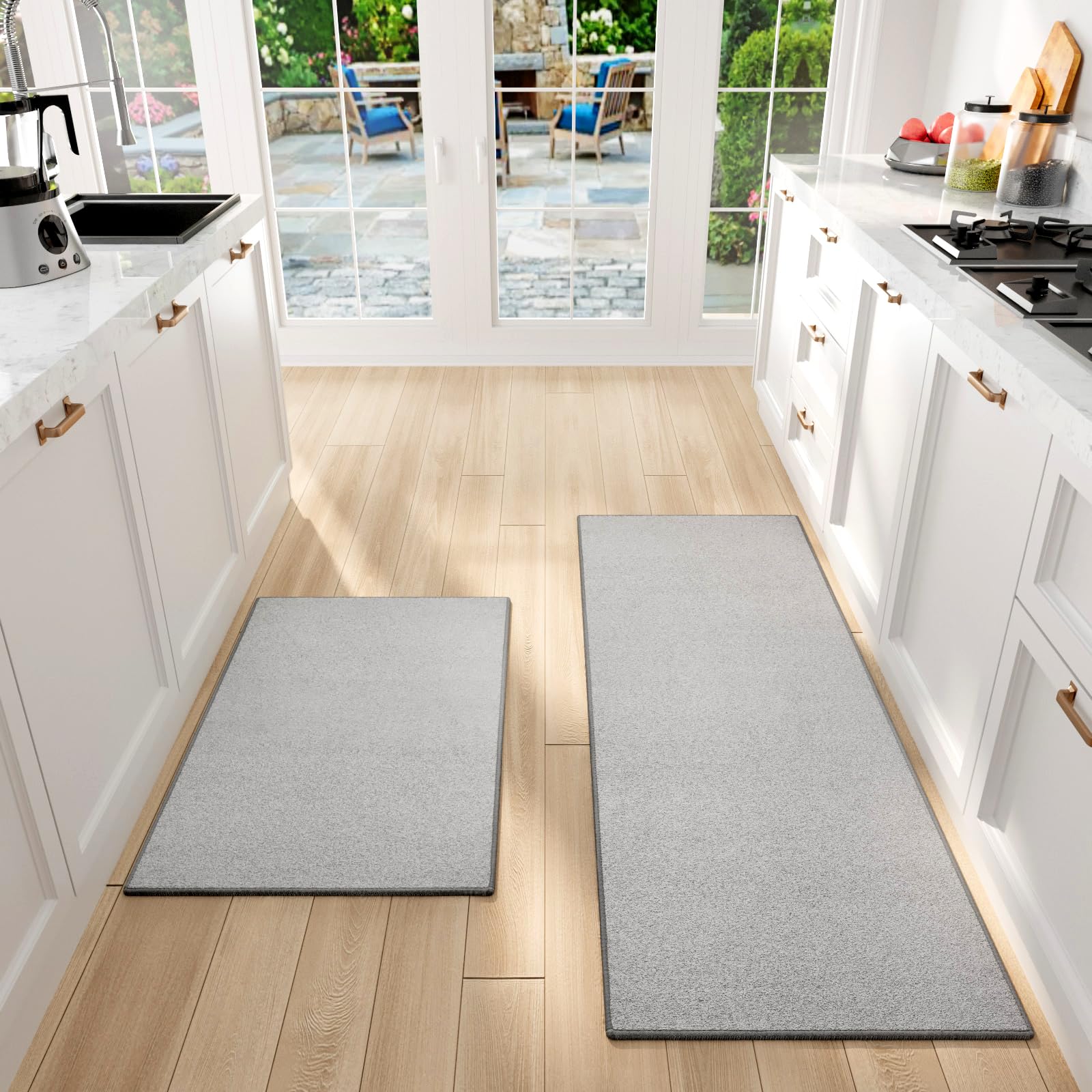 Photo 1 of SUMLANS Kitchen Mat Set of 2 PCS, Cushioned Non Slip Rugs for Kitchen Floor, Absorbent Runner Comfort Standing Mats Washable for Kitchen, Office, Home (Grey-Velvet, 17.3"x47"+17.3"x30")