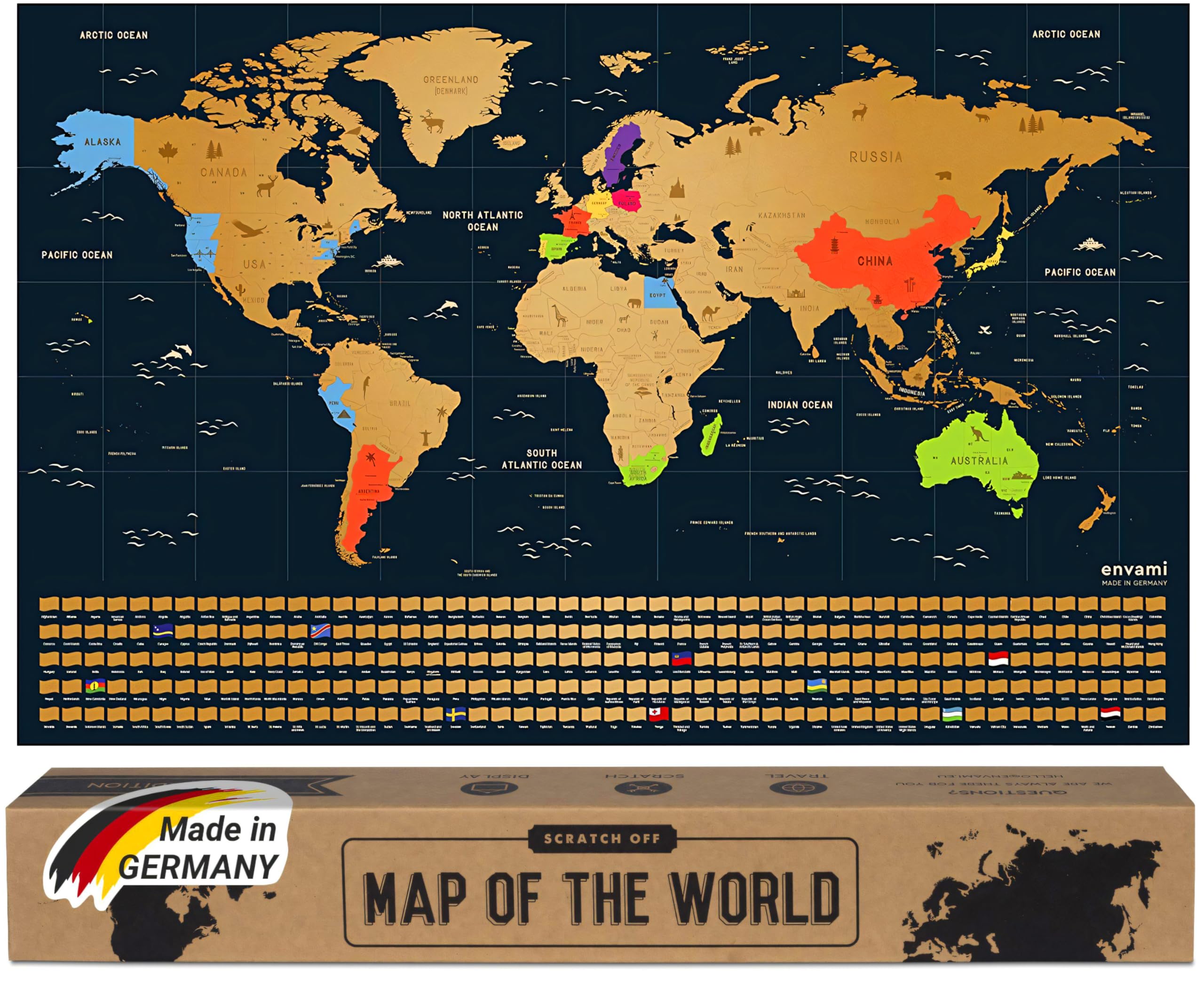 Envami Scratch Off World Map - Premium Metallic Gold - Gift for Travellers - Made in Germany - 43cm x 68cm with 250 Flags of The World and U.S. States - Ideal Travel Tracker