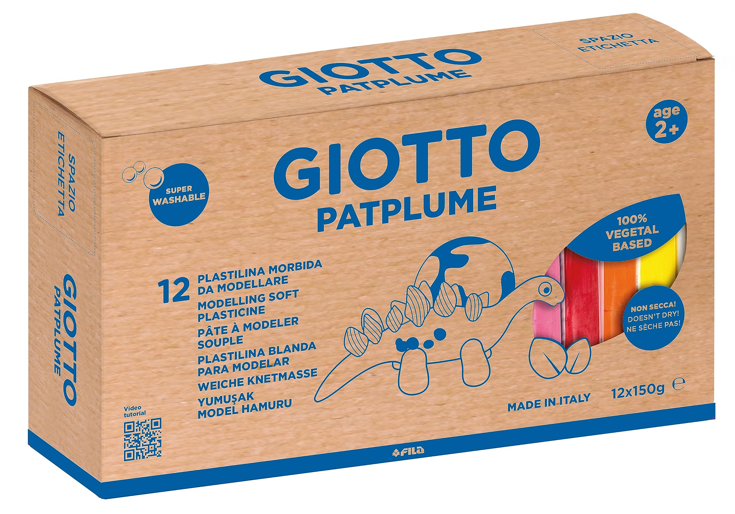 GIOTTO Patplume Soft Modelling Clay, 12 Assorted Colours, 150g Pack, Vegetable Based Formula, Super Washable, for Children, Parties and Schools