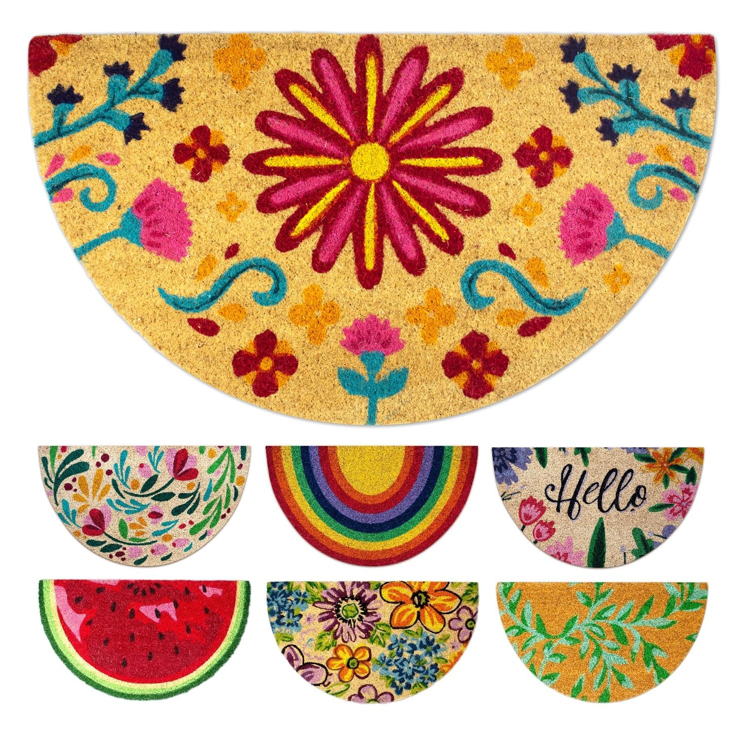 LUA VIKA Coir Welcome Mat, Flowery Pattern - Semi Circle, 40x70cm Indoor & Outdoor, Heavy Duty
