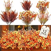 summer flower 12 Bundle Artificial Mums Artificial Thanksgiving Flowers for Outdoors Fake Silk Bouquet Faux Plants UV Resistant for Autumn Outside Indoor Boxwood Yard Home Garden Patio Decor (Orange)