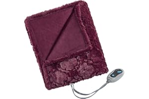 Beautyrest Brushed Long Fur Electric Throw Blanket Ogee Pattern Warm and Soft Heated Wrap with Auto Shutoff, 50 in x 60 in, Burgundy