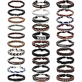 MONAZEO 30Pcs Braided Leather Bracelets for Men Women Woven Cuff Wrap Bracelet Wood Beads Hemp Cords Ethnic Tribal Handmade Wrap Wristband Bracelets Set Adjustable