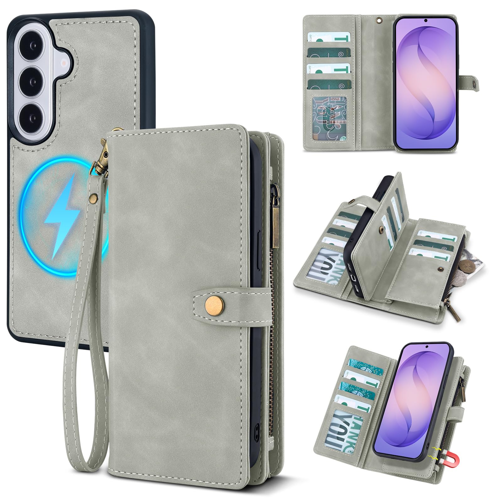TwoHead for Samsung Galaxy S26 Wallet Case with Card Holder, Detachable Magnetic Phone Case for S26,PU Leather All-Round Protective Phone Case Wallet with Wrist Strap(6.3 in,Gray)
