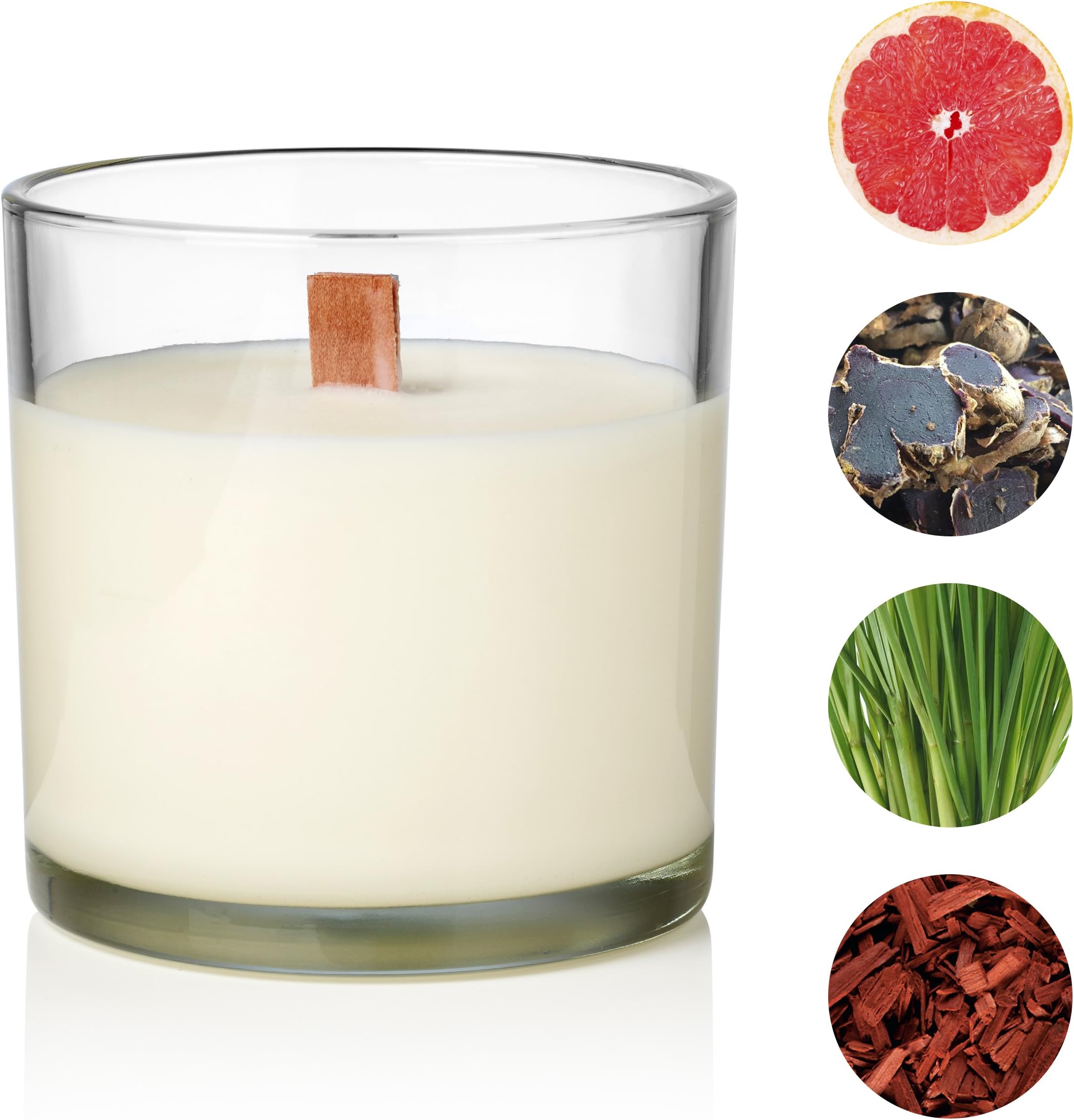 Scented Candle by jag alskar - 100% Hand Poured Soy Wax in White or Black and Wooden Wick - Large Glass Jar - Available in 4 Aromatic Scents (Sandalwood - White Wax)