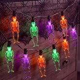 Halloween Skeleton String Lights, 15.5FT 15 LED Skull Lights, Plug In | Orange Green Purple Spooky Glow, 48 Sets End-To-End Connection, UL Listed Indoor Outdoor Use, E12 Socket with Built-In Hooks