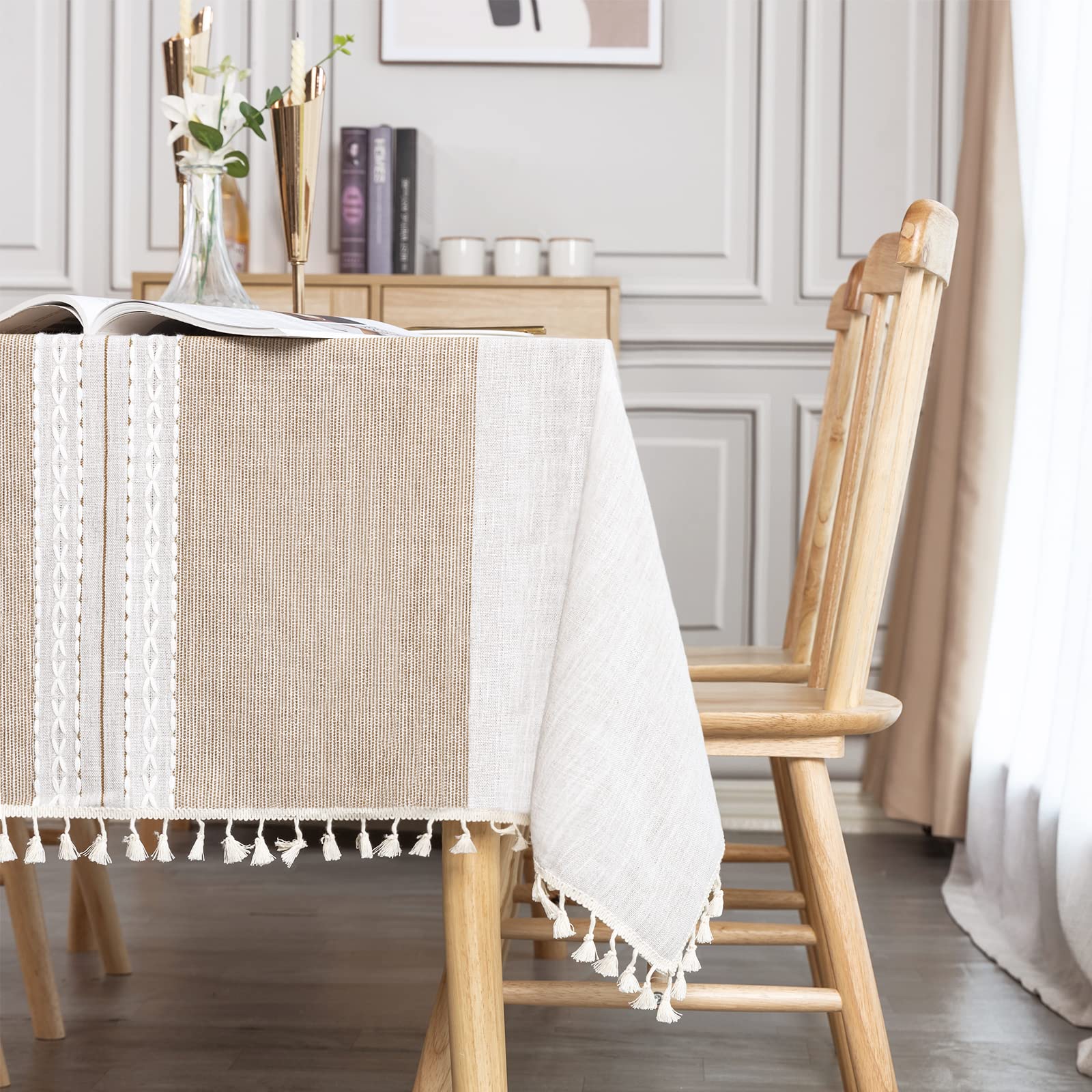 SUNBEAUTY Table Cloth Rectangular Beige 140x200 Cotton Linen Tablecloths With Tassel Wipe Clean for Kitchen Dining Table Cover Decoration - 55x78 inch