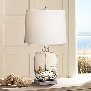 Coastal Accent Table Lamp Clear Glass Fillable Sea Shells White Drum Shade for Living Room Family Bedroom Bedside