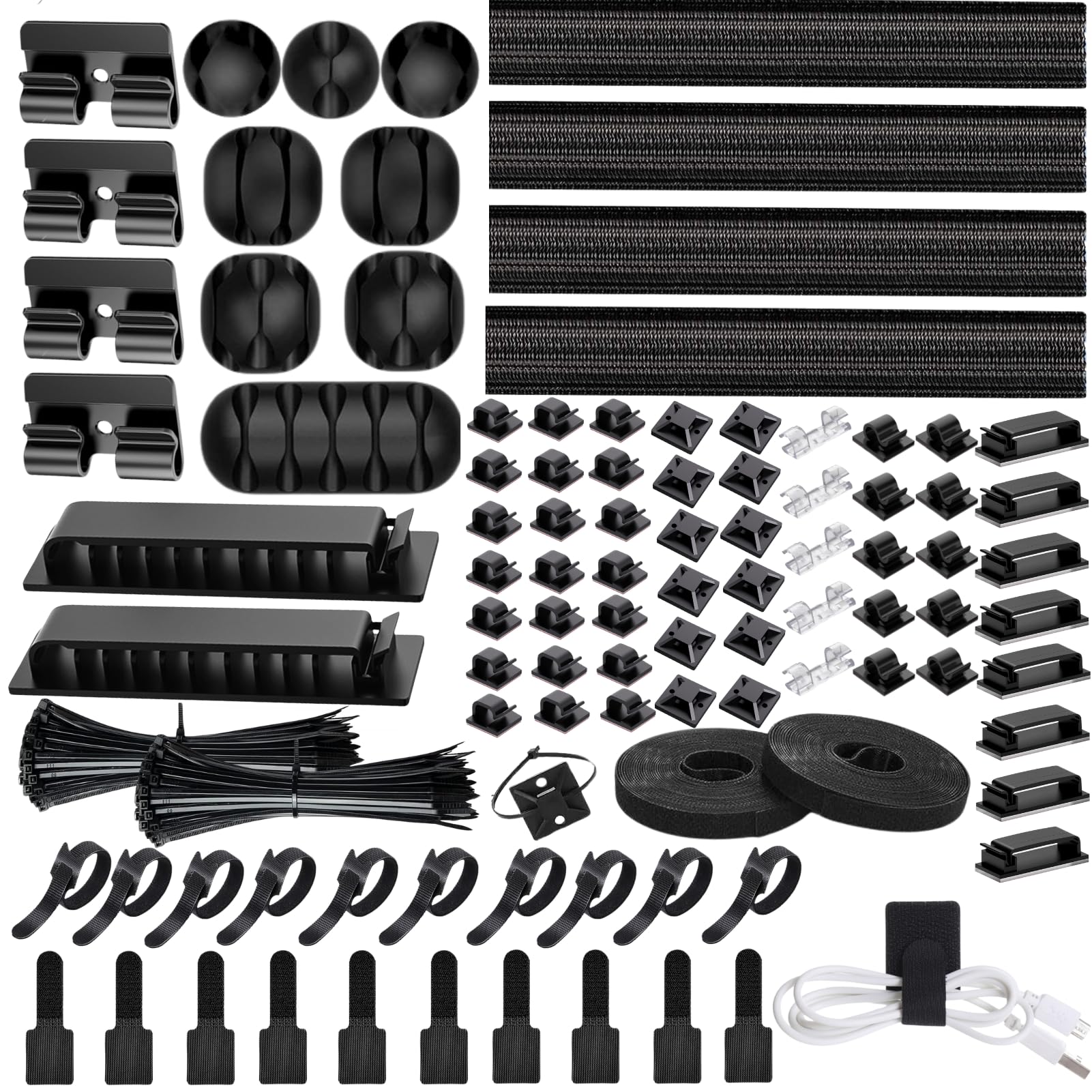 Photo 1 of [313Pcs] Cable Management Kit, 67 Adhesive Cable Clips, Topavatop Desk Cord Organizer, 22 Reusable Cable Strap, 4 Cable Sleeve Split, 200 Nylon Cable Zip Ties with 20 Mounts for TV Office Home, Black