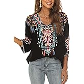 LauraKlein Women Mexican Embroidered Shirt for Women Bohemian Style Top Blouse 3/4 Sleeve Summer Casual Tunics