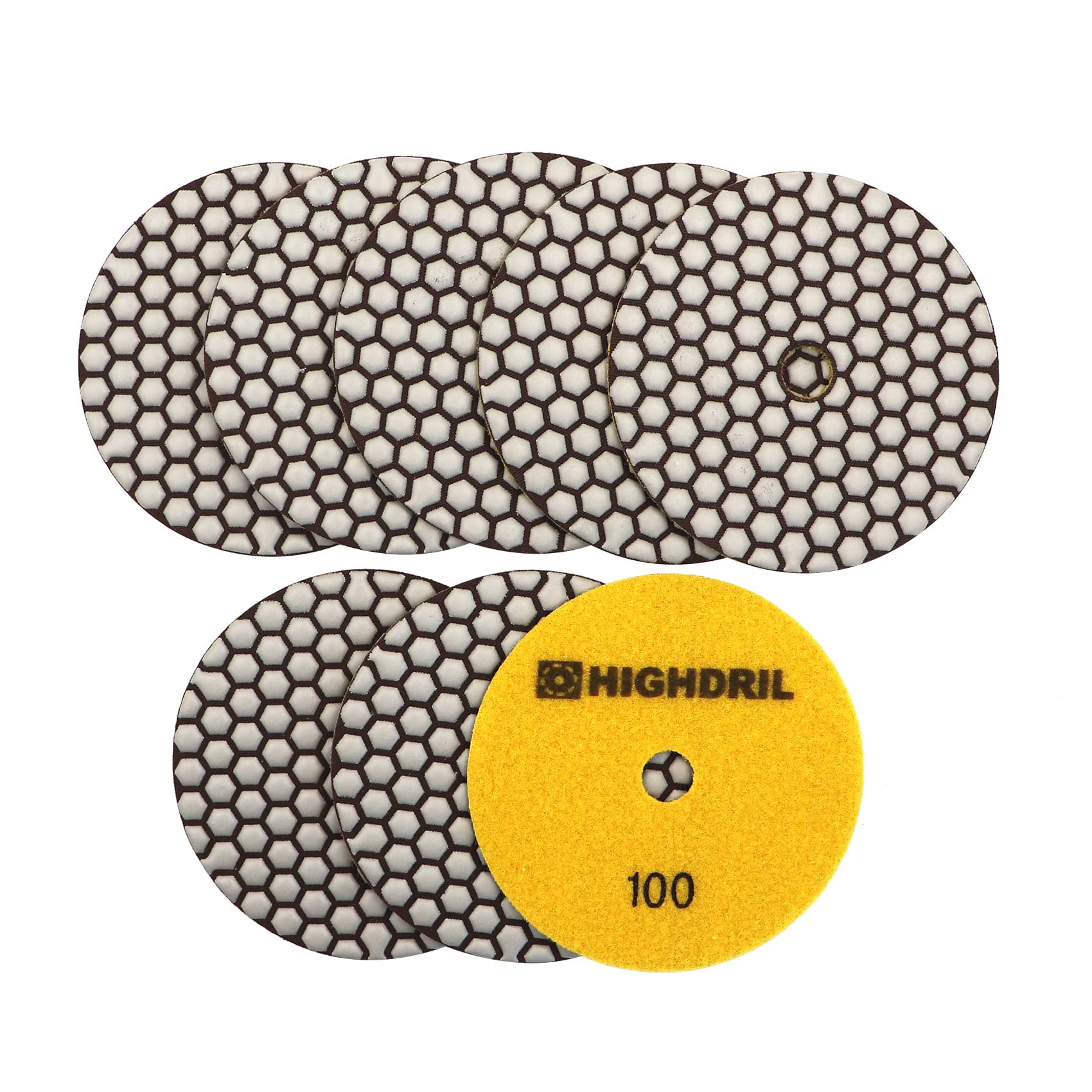 HIGHDRIL Dry Diamond Polishing Pad - 8PCS #100 Sanding Pads 125MM for Granite Stone Marble Floor Grinder Polish Pad Kit for Drill, Grinder, Polisher