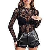Buauty Women's Lace Long Sleeve Tops, Mock Neck Sheer Mesh Top, See Through Floral Lace Tops, Party Club Night Blouse Shirts