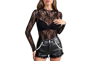 Buauty Women's Lace Long Sleeve Tops, Mock Neck Sheer Mesh Top, See Through Floral Lace Tops, Party Club Night Blouse Shirts