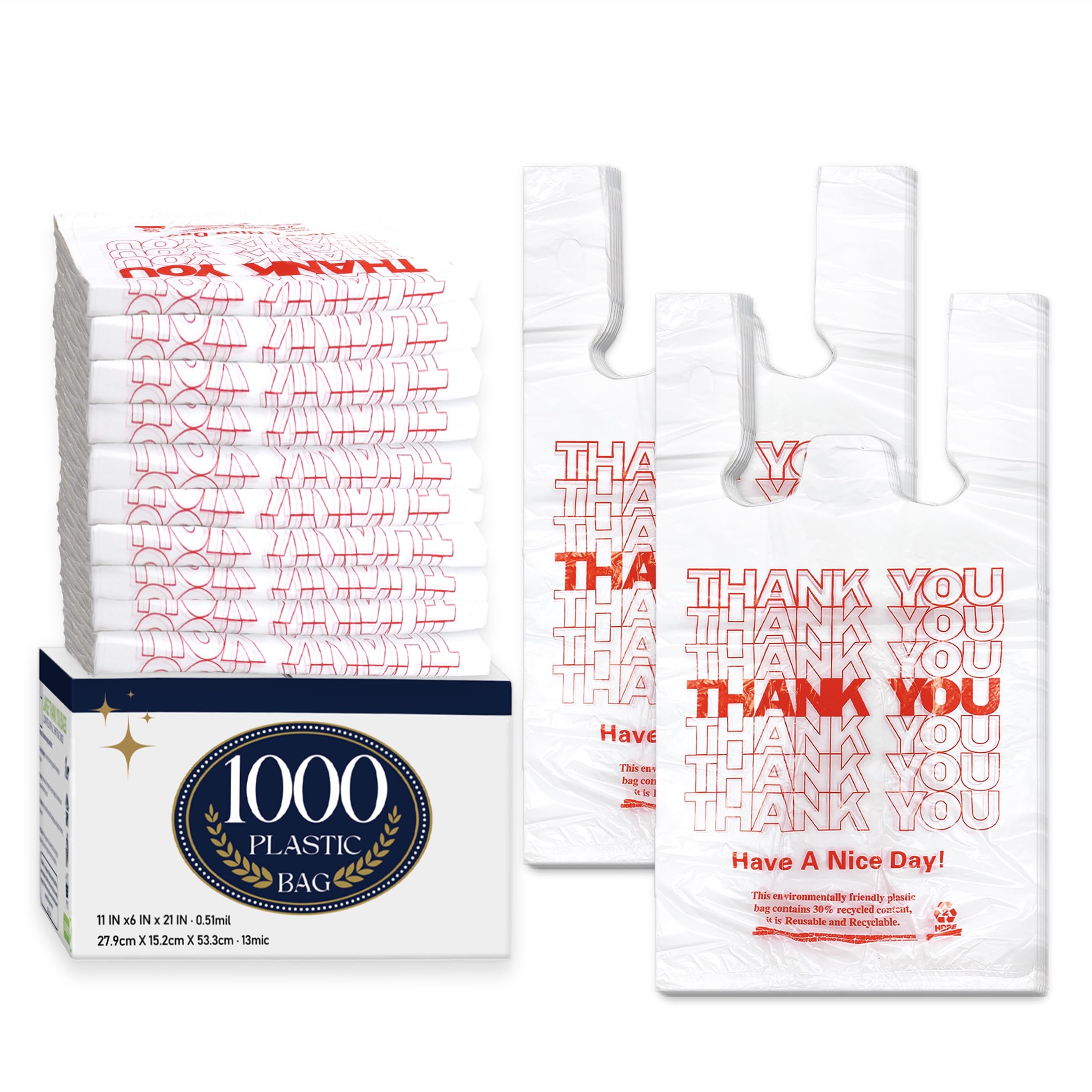 Photo 1 of 1000 Count White Disposable Thank You Bags with Handles - 11''x6''x21'' Plastic Carry Bags for Retail/Supermarket