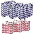 Set of 6 Large & Jumbo Plastic Checkered Laundry Bags with Zipper and Handles for Travel, Laundry, Shopping, Storage, Moving,Size:(27"x23"x5.5") and (19"x19"x4") - Color may vary