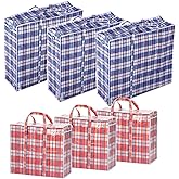 Set of 6 Large & Jumbo Plastic Checkered Laundry Bags with Zipper and Handles for Travel, Laundry, Shopping, Storage, Moving,Size:(27"x23"x5.5") and (19"x19"x4") - Color may vary